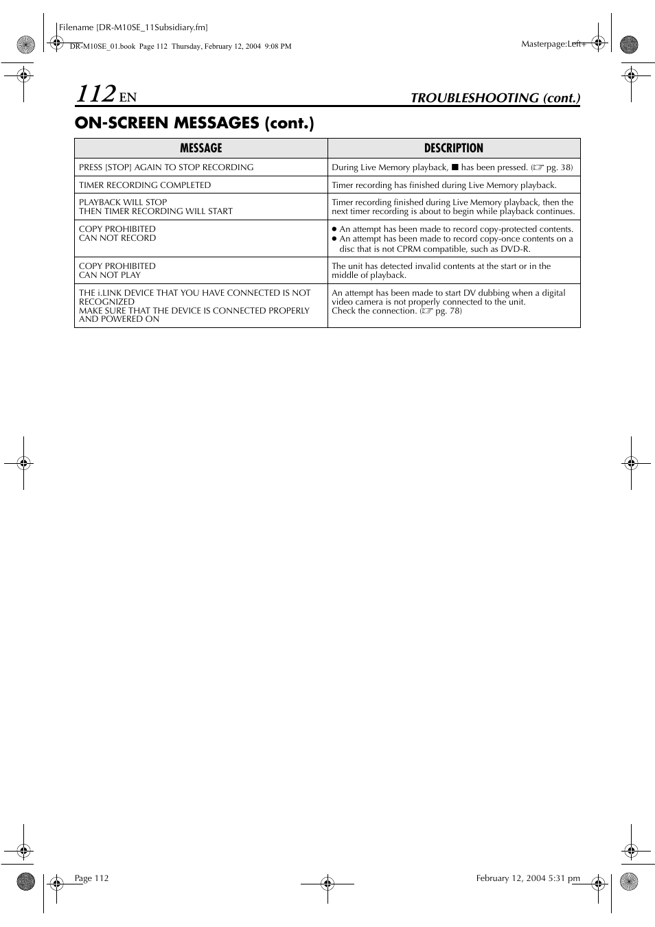 On-screen messages (cont.), Troubleshooting (cont.) | JVC DR-M10S User Manual | Page 112 / 116