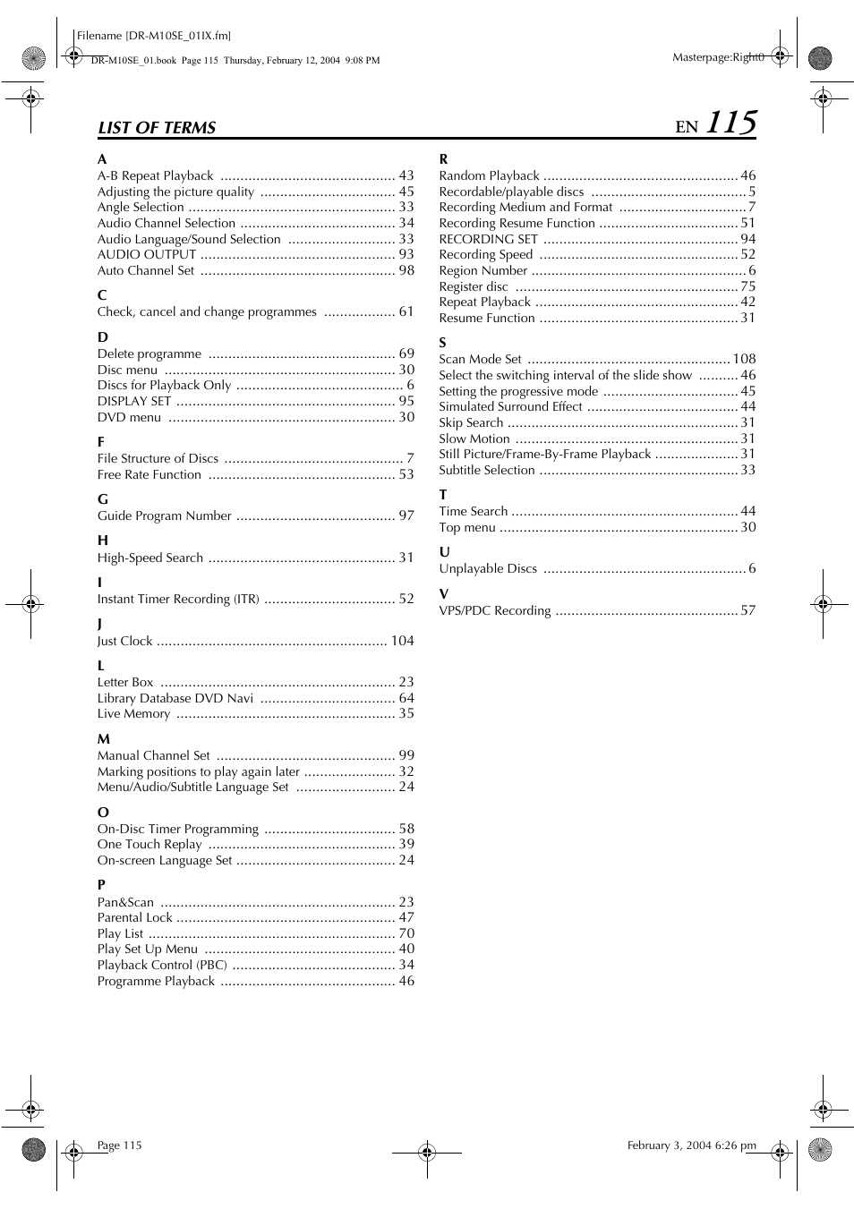 List of terms | JVC DR-M10S User Manual | Page 115 / 116