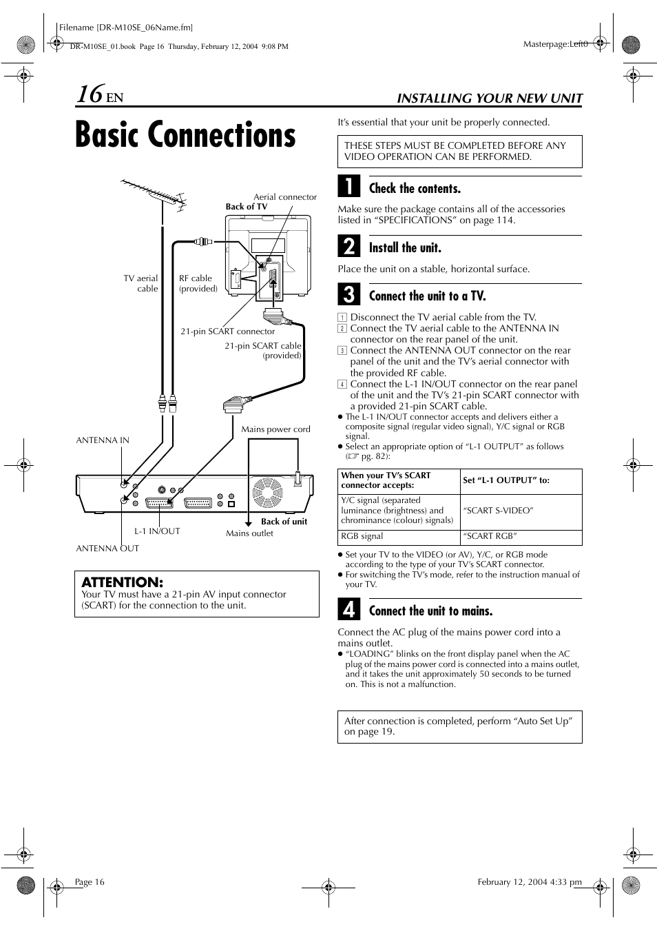 Installing your new unit, Basic connections, Pg. 16 | Following cases, Pg. 5, Decoder and i, Video” or | JVC DR-M10S User Manual | Page 16 / 116