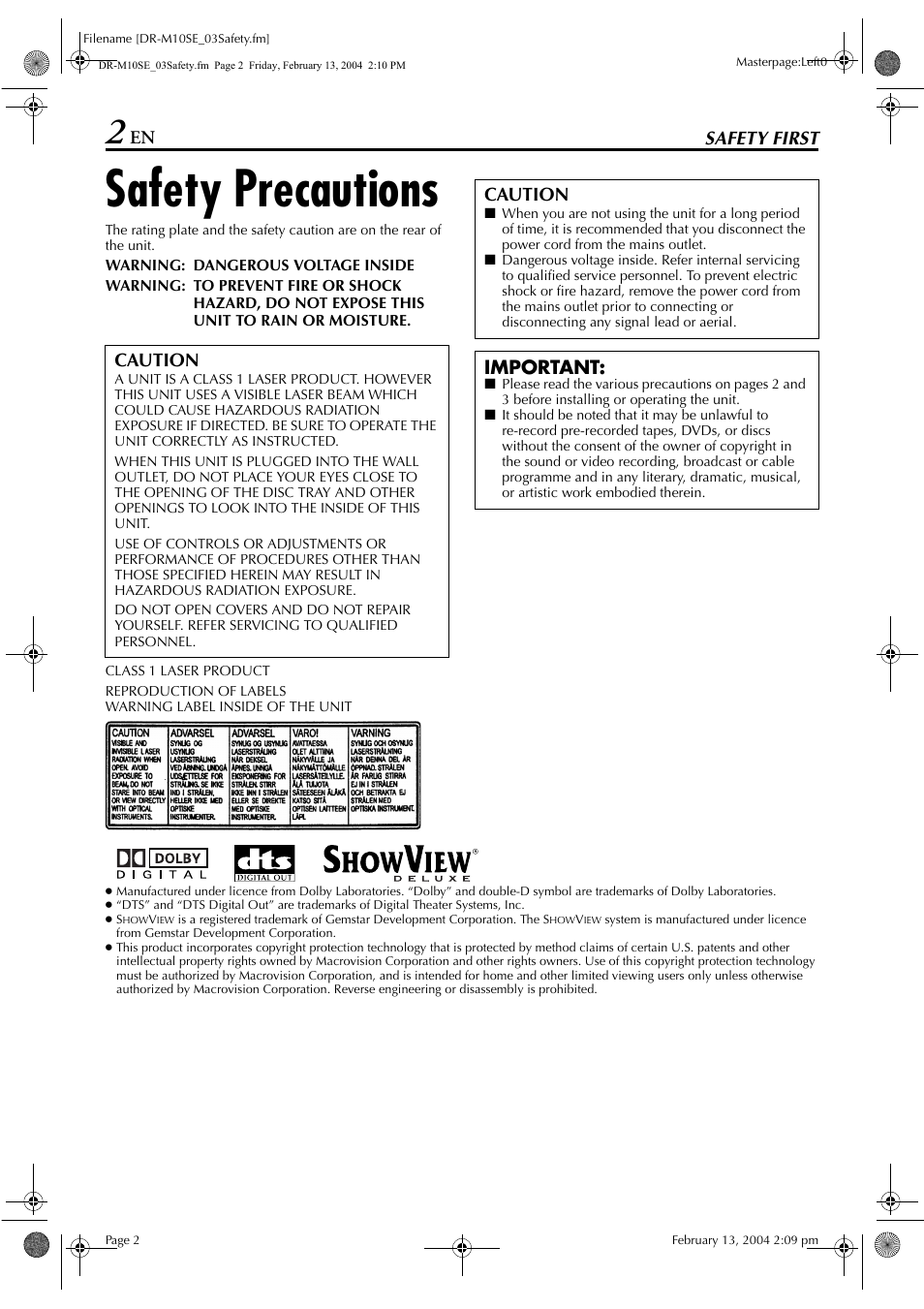 Safety first, Safety precautions, Caution | Important | JVC DR-M10S User Manual | Page 2 / 116