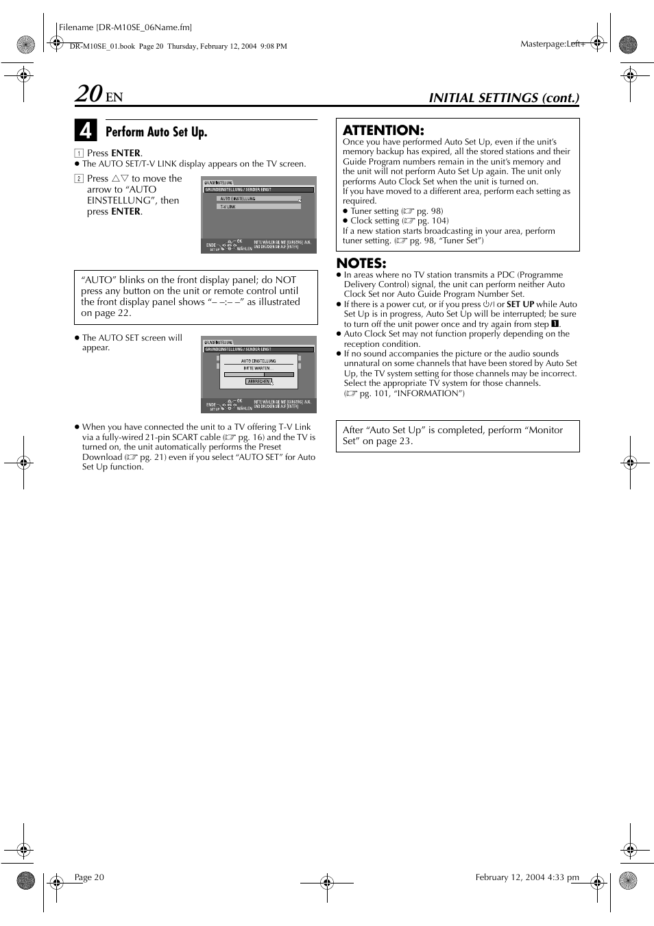 Initial settings (cont.), Perform auto set up, Attention | JVC DR-M10S User Manual | Page 20 / 116