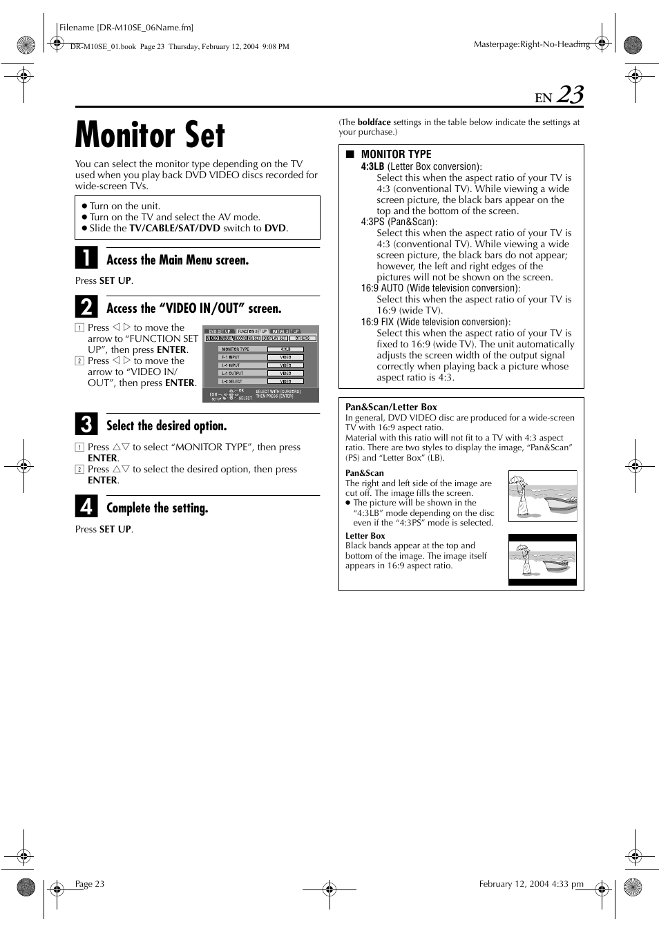 Monitor set, Pg. 23 | JVC DR-M10S User Manual | Page 23 / 116