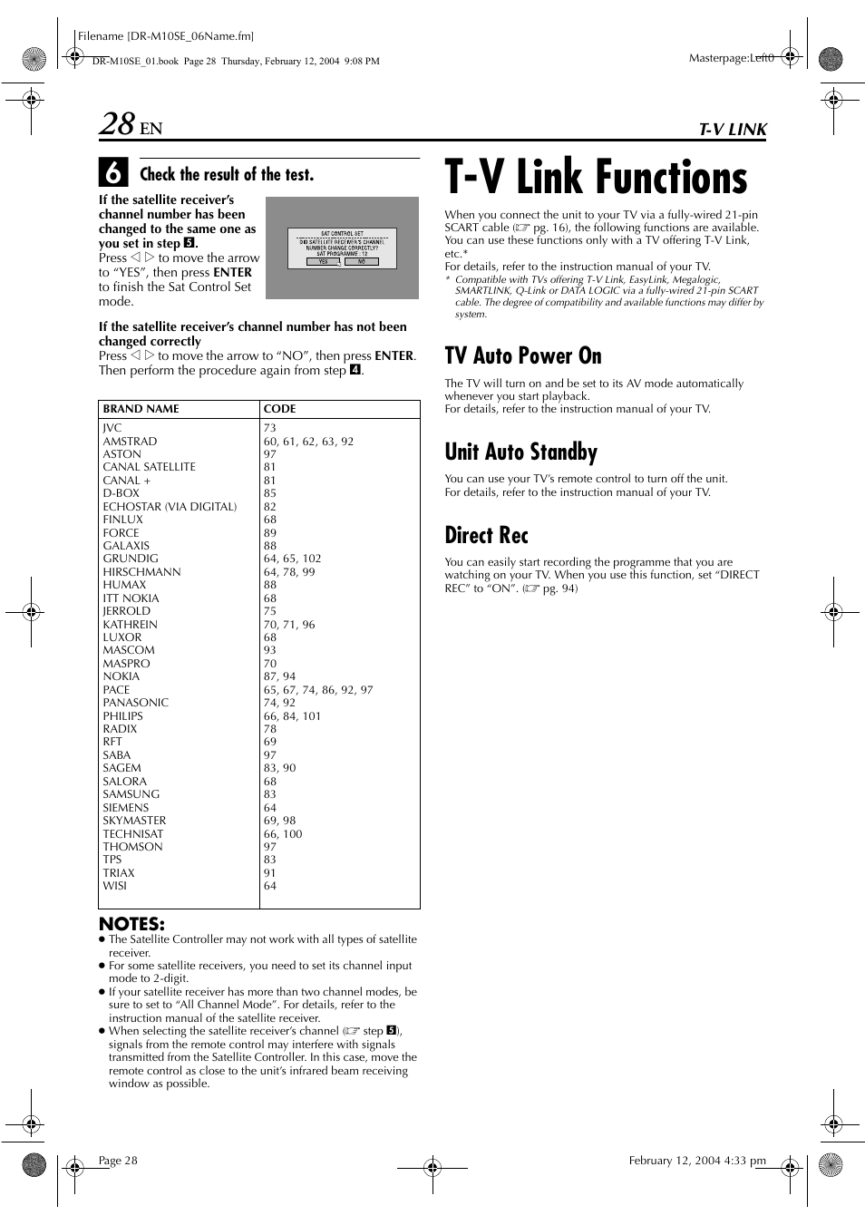 T-v link, T-v link functions, Tv auto power on | Unit auto standby, Direct rec | JVC DR-M10S User Manual | Page 28 / 116