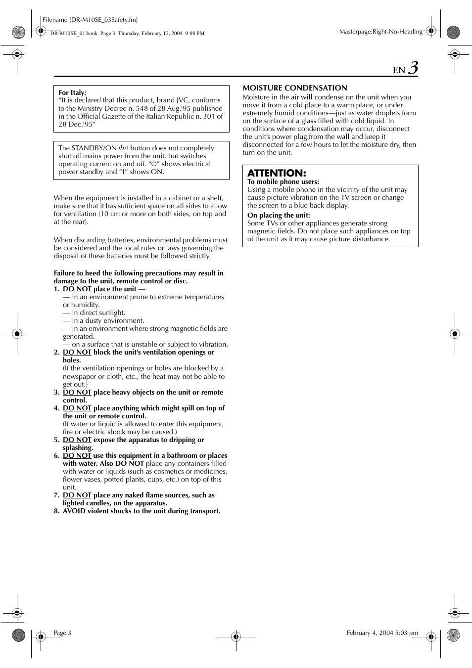 Attention | JVC DR-M10S User Manual | Page 3 / 116