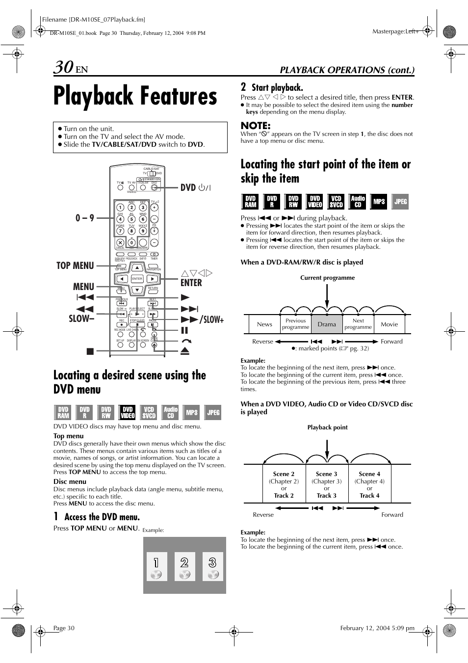 Playback features, Locating a desired scene using the dvd menu, Pg. 30, 4 | Pg. 30, Pg. 30, 3, Pg. 30, 38, Locating a, Desired scene using the dvd menu, Pg. 30), Playback operations (cont.) | JVC DR-M10S User Manual | Page 30 / 116
