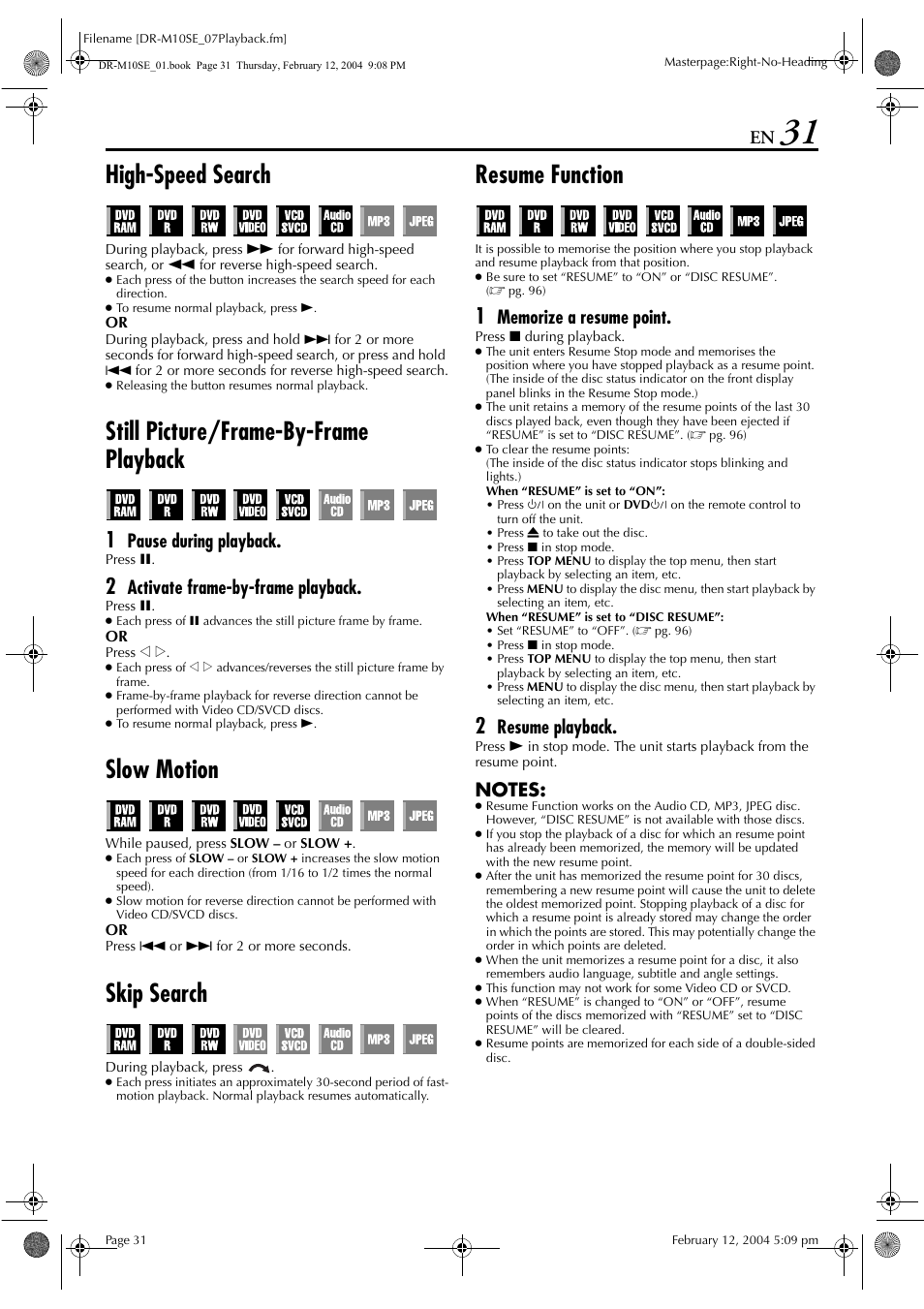 High-speed search, Still picture/frame-by-frame playback, Slow motion | Skip search, Resume function, Pg. 31, 38, Pg. 31, Pg. 31, 3, Pause during playback, Activate frame-by-frame playback | JVC DR-M10S User Manual | Page 31 / 116