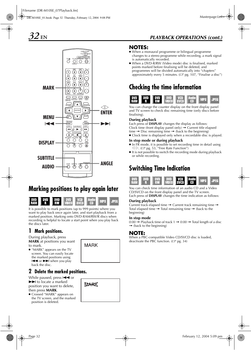 Marking positions to play again later, Checking the time information, Switching time indication | Pg. 32, 52, Pg. 32, Marked points, Pg. 32), Playback operations (cont.), Mark positions | JVC DR-M10S User Manual | Page 32 / 116