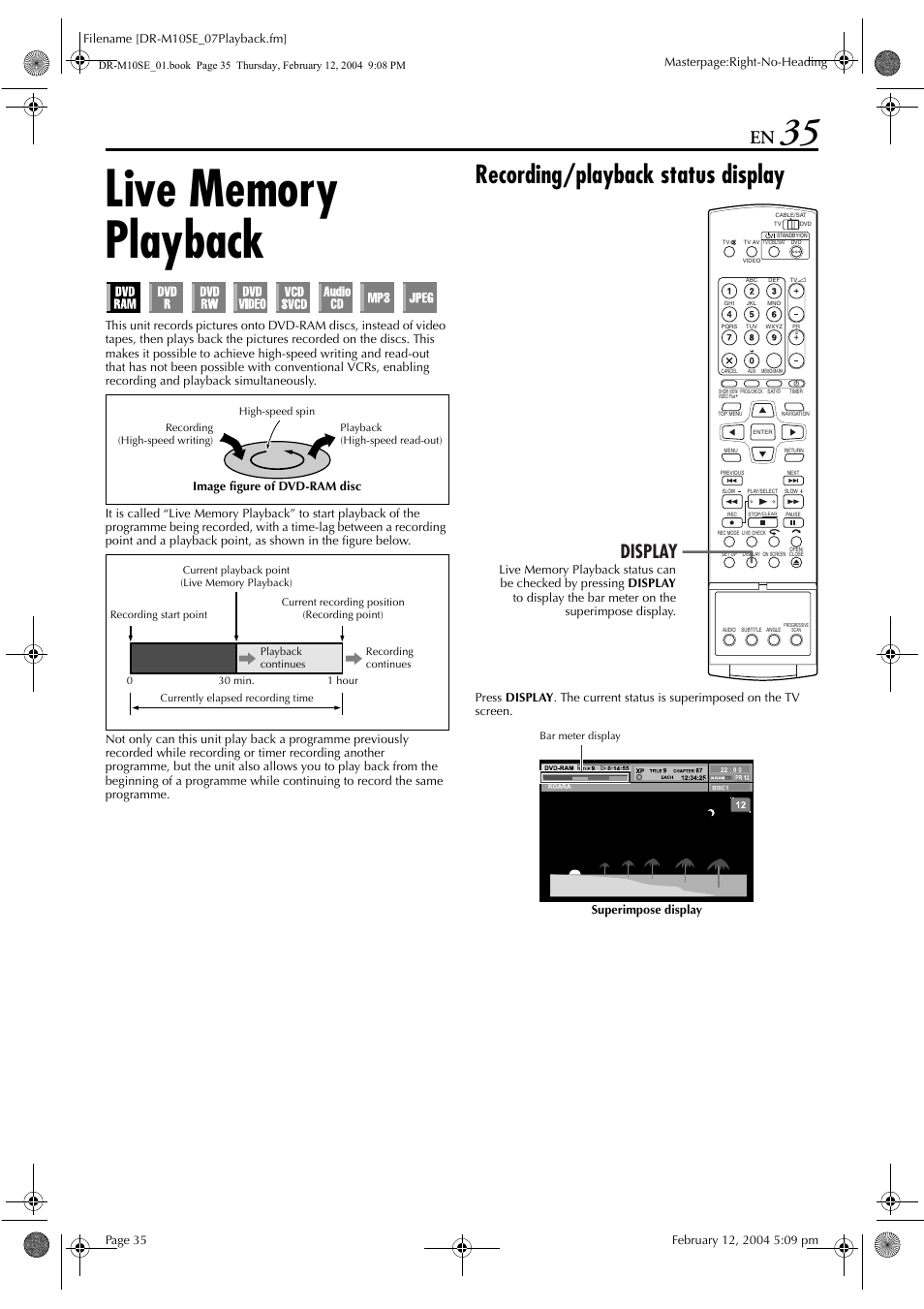 Live memory playback, Recording/playback status display, Display | JVC DR-M10S User Manual | Page 35 / 116