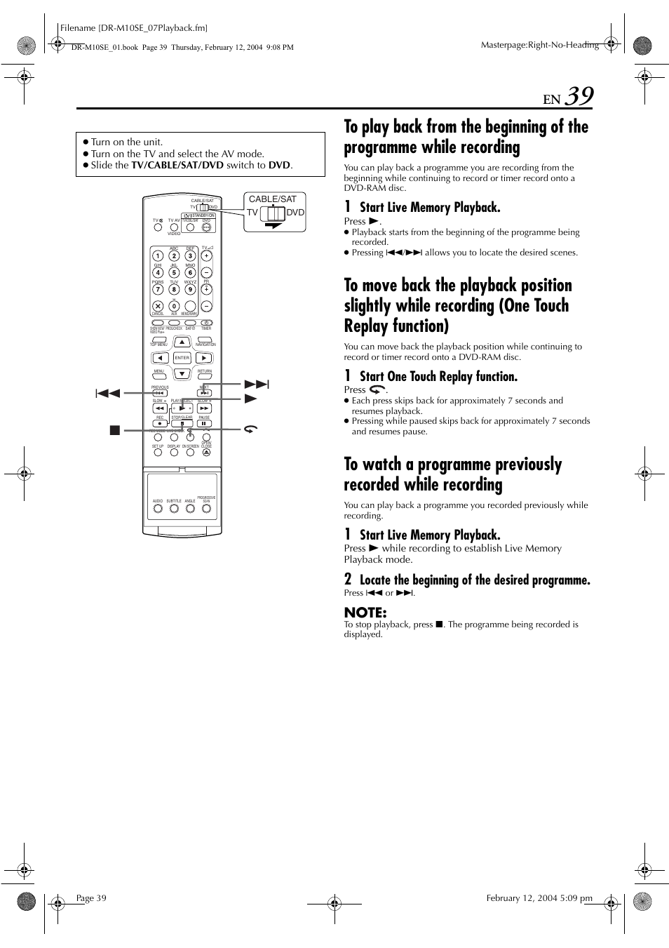 Start one touch replay function, Locate the beginning of the desired programme, Press 4 | Press | JVC DR-M10S User Manual | Page 39 / 116
