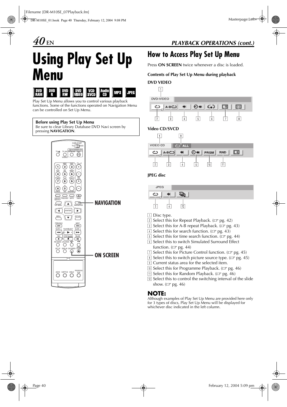 Using play set up menu, How to access play set up menu, Pg. 40 | Playback operations (cont.), Navigation on screen | JVC DR-M10S User Manual | Page 40 / 116