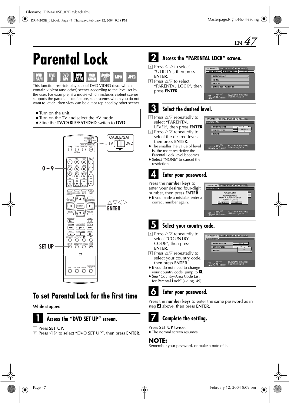 Parental lock, To set parental lock for the first time, Access the “dvd set up” screen | Access the “parental lock” screen, Select the desired level, Enter your password, Select your country code, Complete the setting, Rtwe enter set up 0 – 9 | JVC DR-M10S User Manual | Page 47 / 116