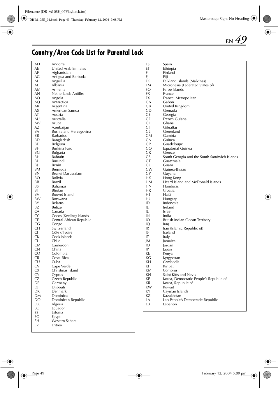 Country/area code list for parental lock, E “country/area code list, For parental lock | Pg. 49) | JVC DR-M10S User Manual | Page 49 / 116