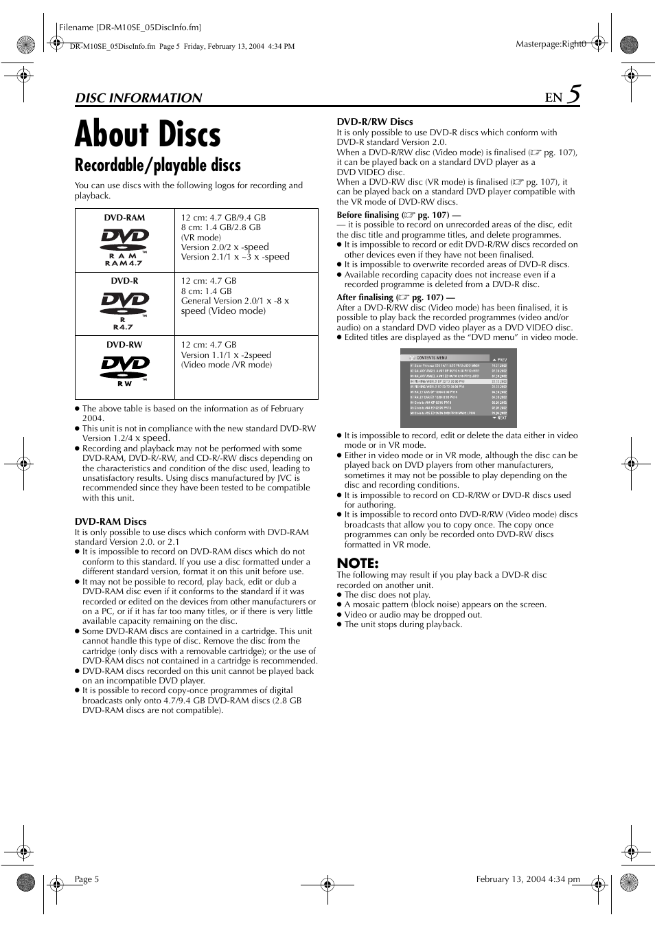 Disc information, About discs, Recordable/playable discs | JVC DR-M10S User Manual | Page 5 / 116