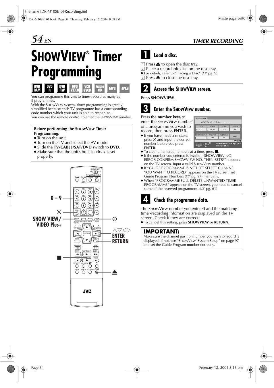 Timer recording, Showview® timer programming, Pg. 54, 5 | Pg. 54, Mming, Pg. 54), Pg. 54, “s, Timer programming”), Pg. 54) o, Timer programming | JVC DR-M10S User Manual | Page 54 / 116