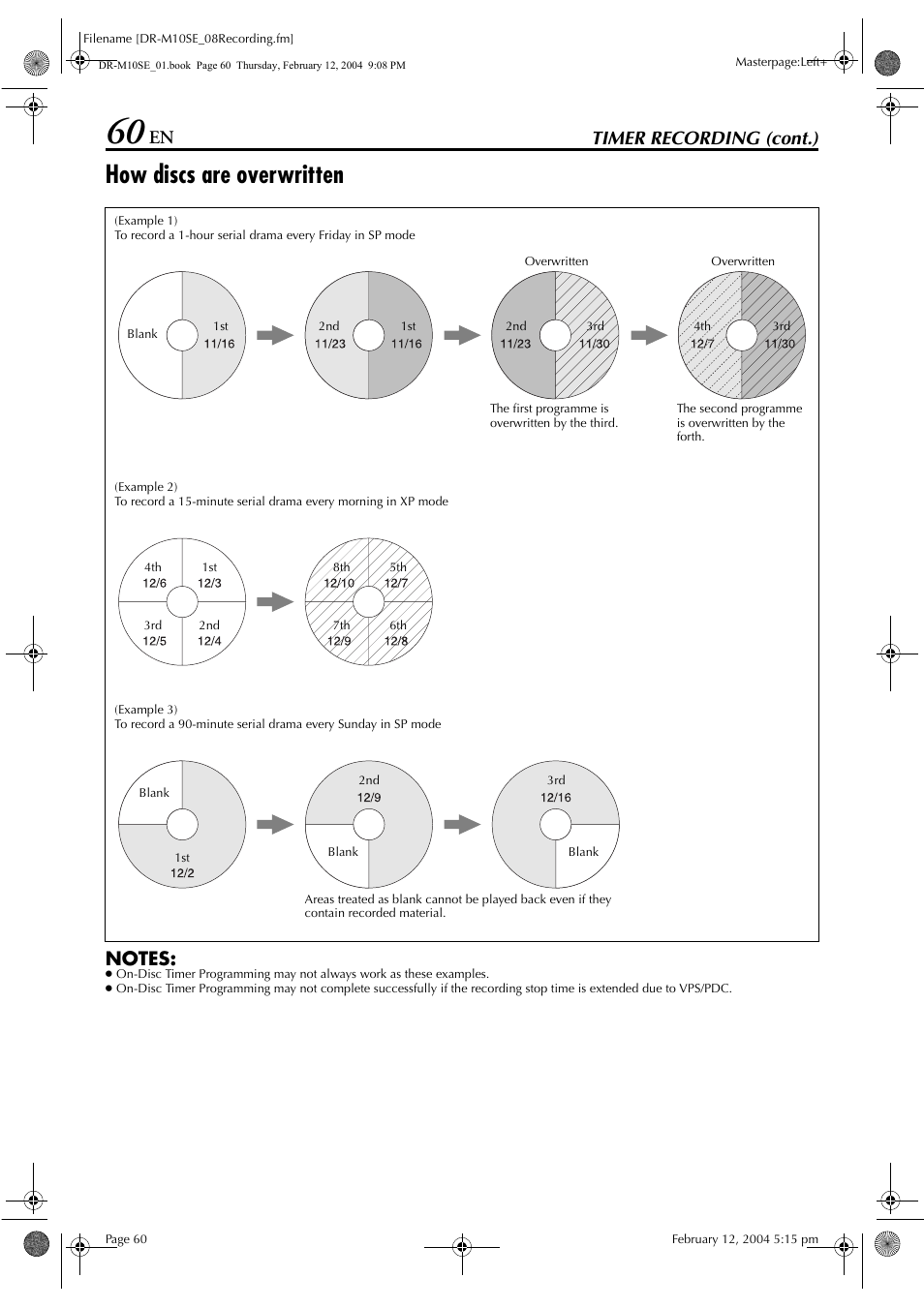 How discs are overwritten, Pg. 60, “how discs are overwritten”), Timer recording (cont.) | JVC DR-M10S User Manual | Page 60 / 116