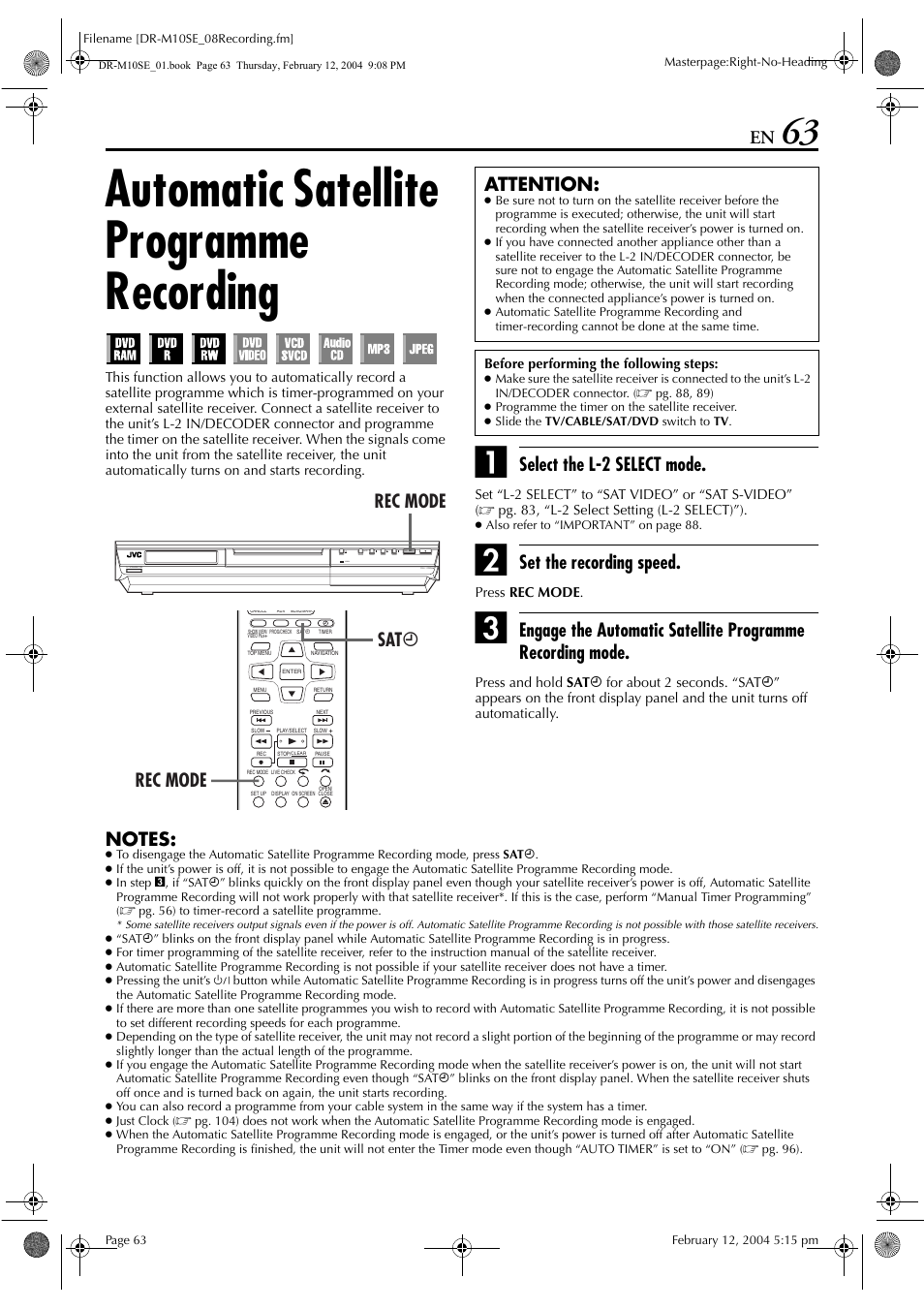 Automatic satellite programme recording, Pg. 63, Select the l-2 select mode | Set the recording speed, Rec mode, Sat # rec mode attention | JVC DR-M10S User Manual | Page 63 / 116