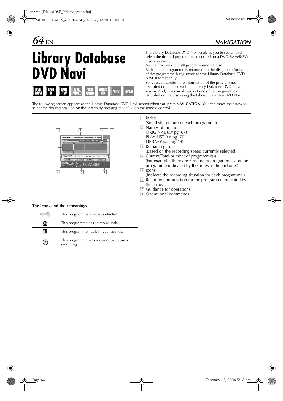 Navigation, Library database dvd navi, Navigation 64 | Pg. 64, Pg. 64), Pg. 64, “library, Database dvd navi”). t | JVC DR-M10S User Manual | Page 64 / 116