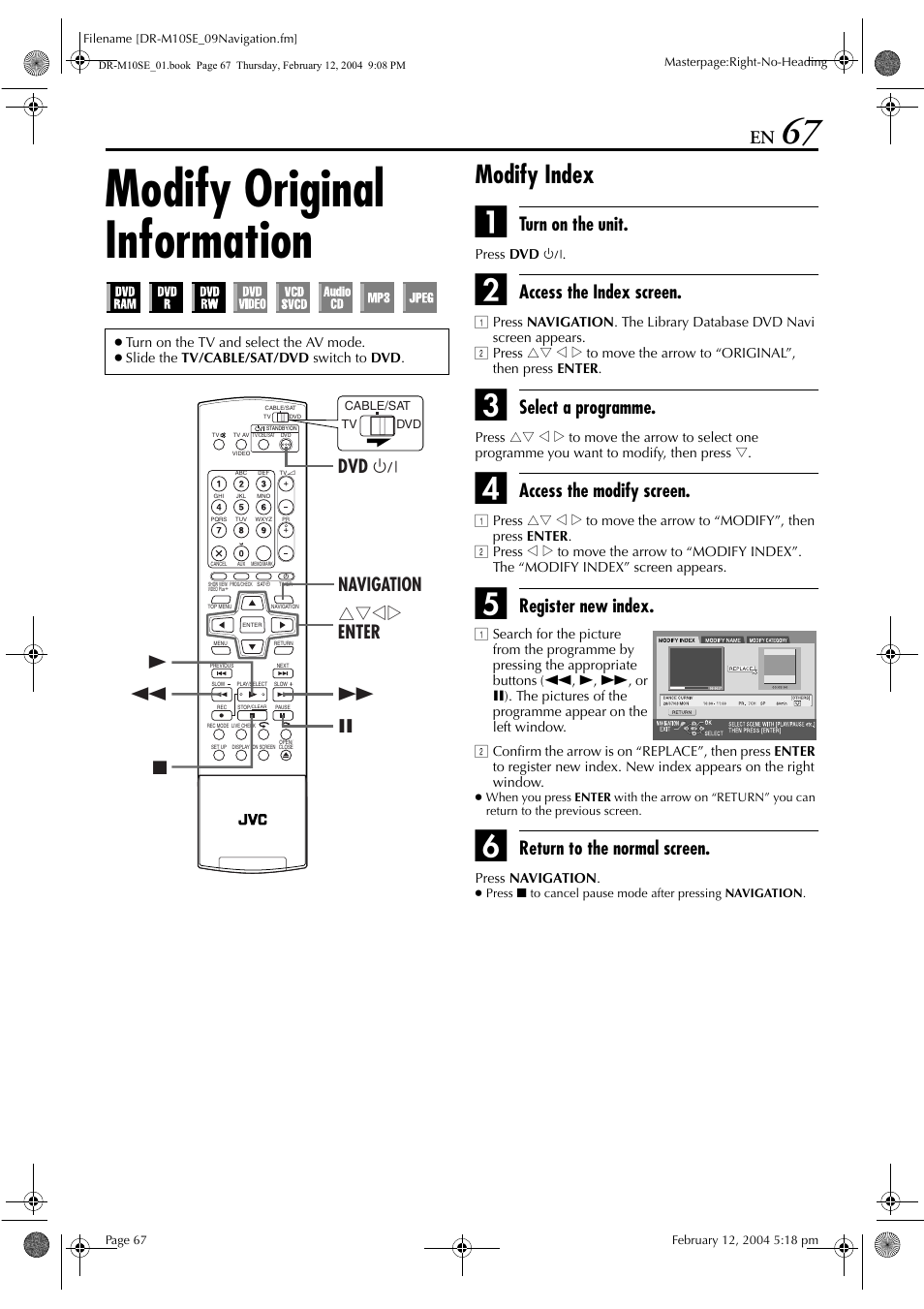 Modify original information, Modify index, Pg. 67) | Turn on the unit, Access the index screen, Select a programme, Access the modify screen, Register new index, Return to the normal screen | JVC DR-M10S User Manual | Page 67 / 116