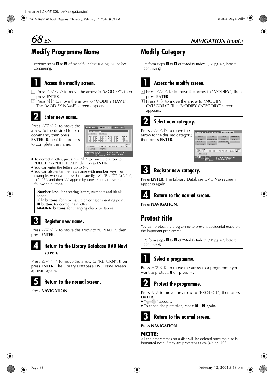 Modify programme name, Modify category, Protect title | Pg. 68, Modify programme name”), and | JVC DR-M10S User Manual | Page 68 / 116