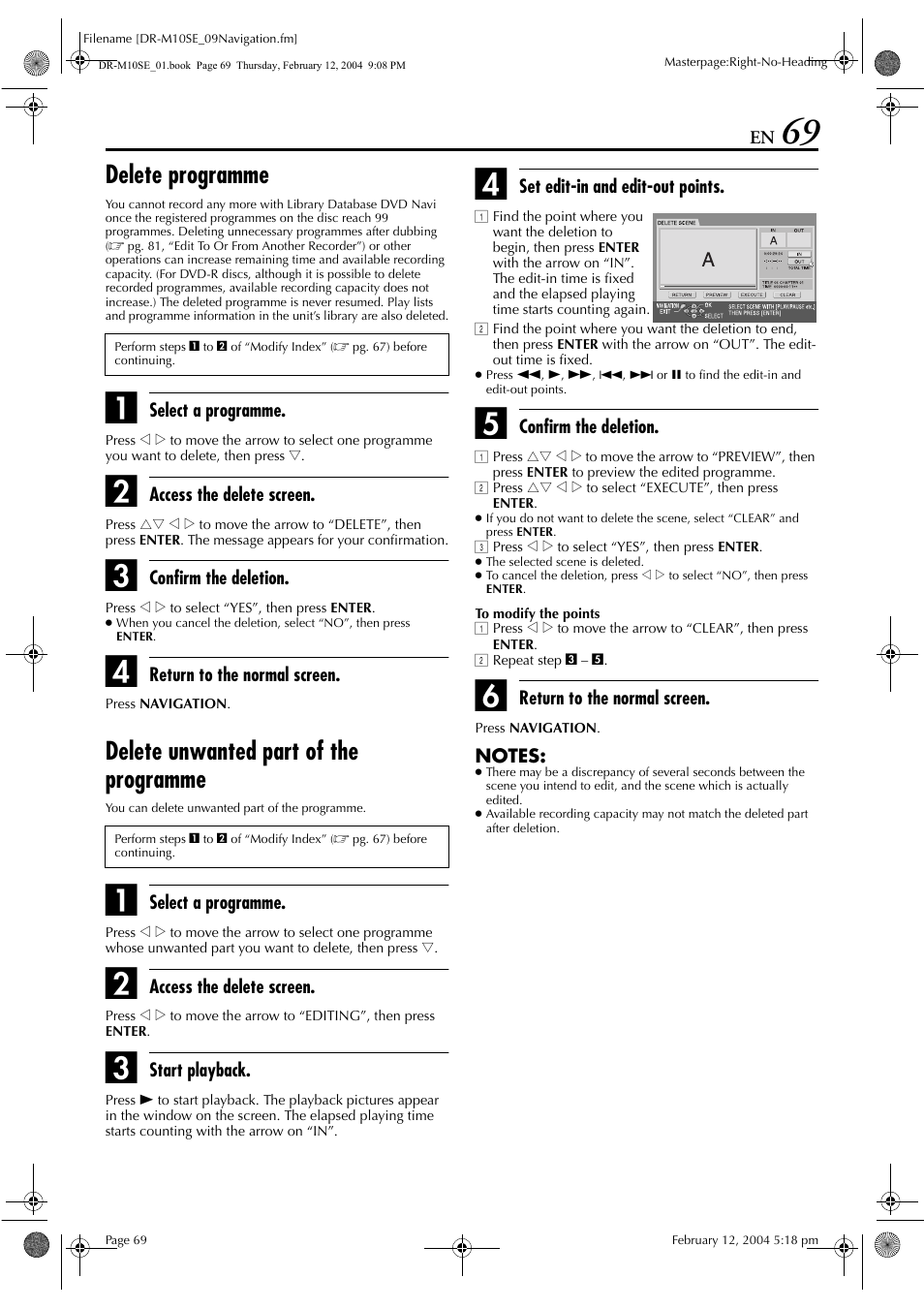 Delete programme, Delete unwanted part of the programme, Pg. 69) | Register new one, Pg. 69, Delete programme”) | JVC DR-M10S User Manual | Page 69 / 116