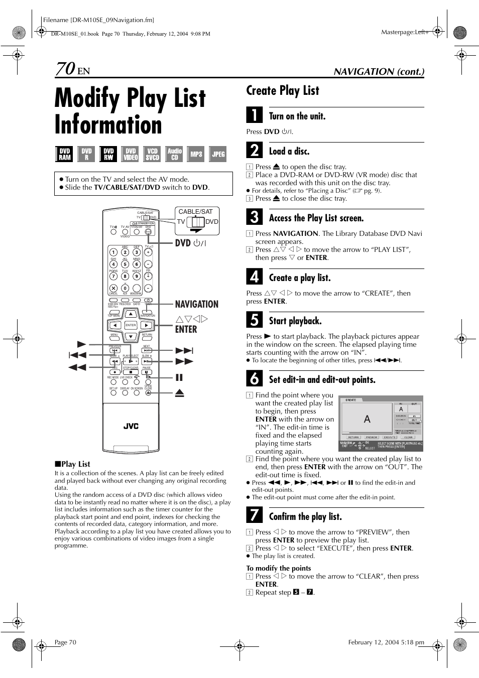 Modify play list information, Create play list, Pg. 70) | Navigation (cont.), Turn on the unit, Load a disc, Access the play list screen, Create a play list, Start playback, Set edit-in and edit-out points | JVC DR-M10S User Manual | Page 70 / 116