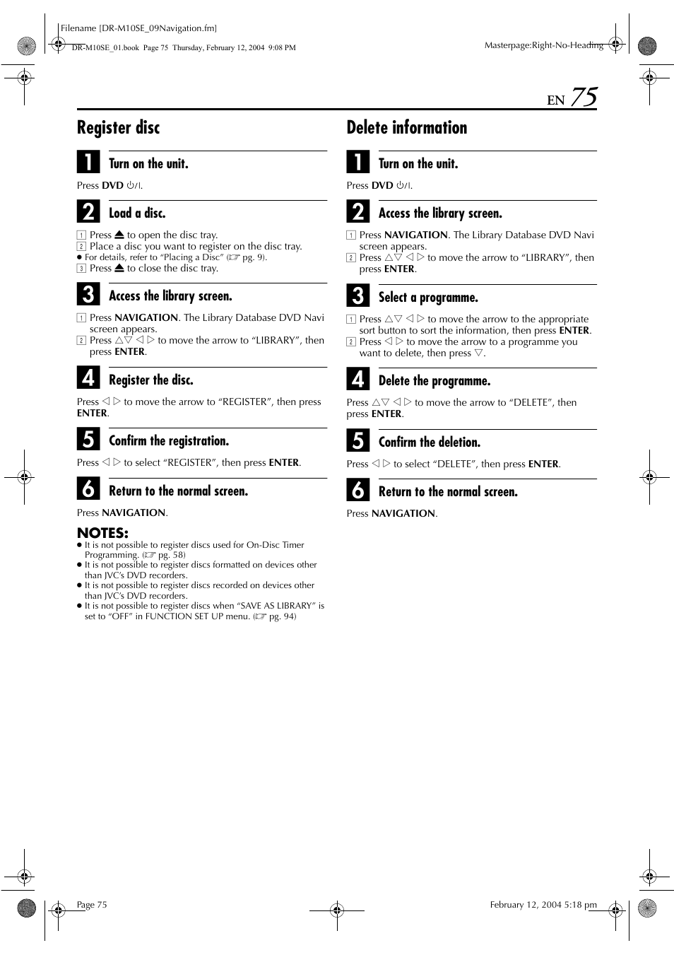 Register disc, Delete information | JVC DR-M10S User Manual | Page 75 / 116