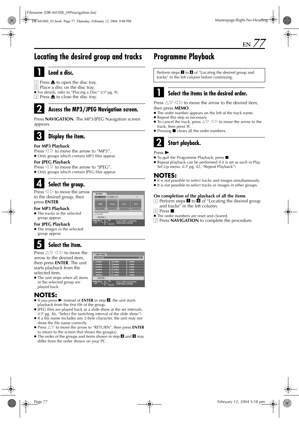 Locating the desired group and tracks, Programme playback | JVC DR-M10S User Manual | Page 77 / 116