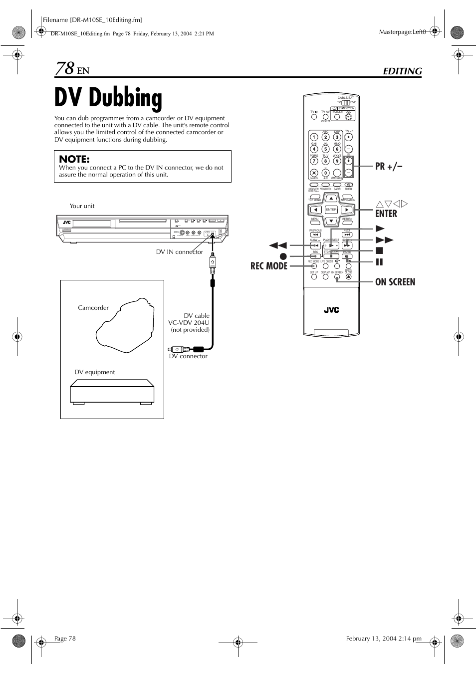 Editing, Dv dubbing, Editing 78 | Pg. 78, Rec mode sat# video | JVC DR-M10S User Manual | Page 78 / 116