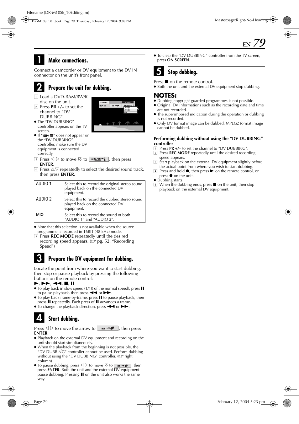 Make connections, Prepare the unit for dubbing, Prepare the dv equipment for dubbing | Start dubbing, Stop dubbing | JVC DR-M10S User Manual | Page 79 / 116