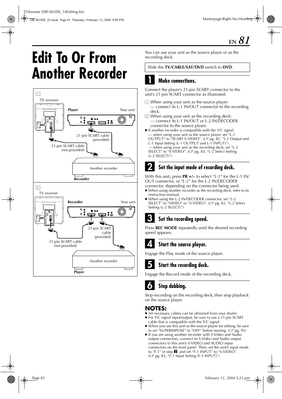 Edit to or from another recorder, Pg. 81, “edit to or from another recorder”) o | JVC DR-M10S User Manual | Page 81 / 116