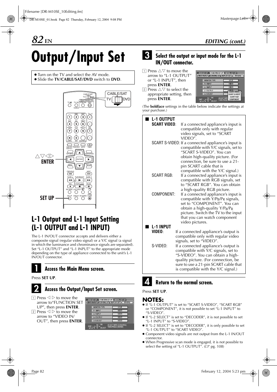 Output/input set, F “l-2 s, T s-vid | Pg. 82), Pg. 82, “l-1 output and l-1 input, Setting (l-1 output and l-1 input)”) progressi, Pg. 82, “l-1 output and, L-1 input setting (l-1 output and l-1 input)”), Editing (cont.), Access the main menu screen | JVC DR-M10S User Manual | Page 82 / 116