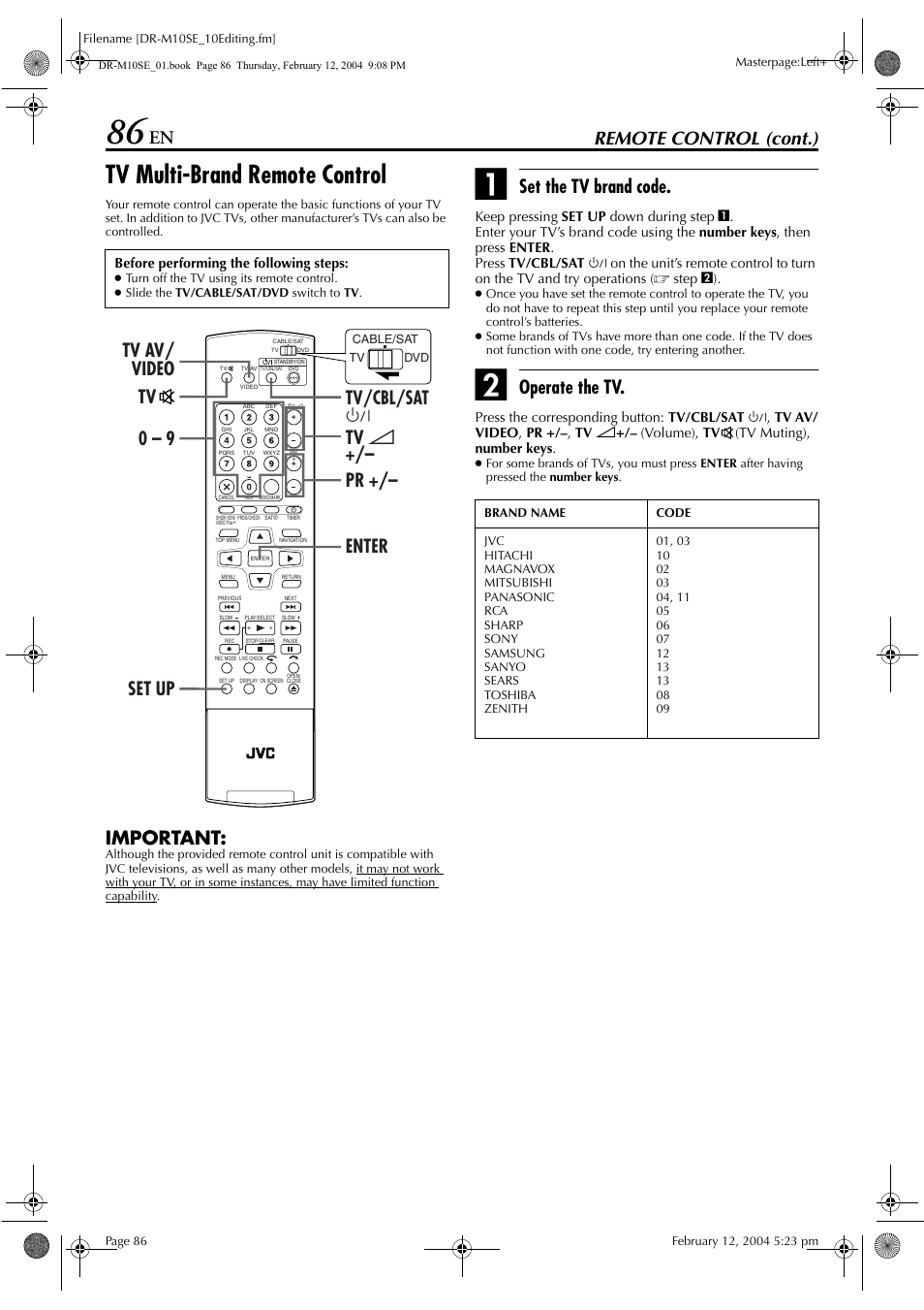 Tv multi-brand remote control, Pg. 86, Pg. 86) | Pg. 86, “tv multi-brand remote control”), Remote control (cont.), Important, Set the tv brand code, Operate the tv | JVC DR-M10S User Manual | Page 86 / 116