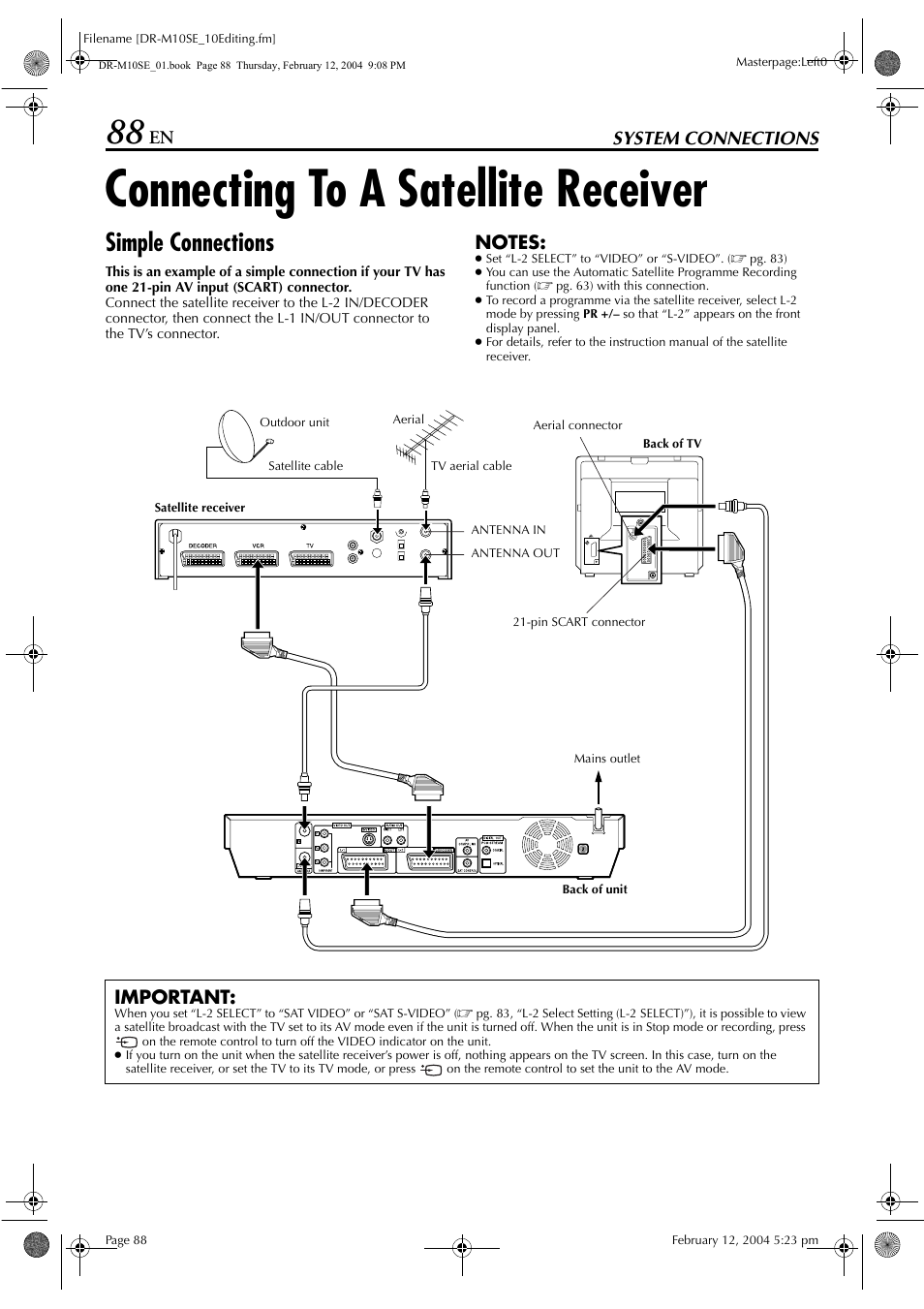 System connections, Connecting to a satellite receiver, Simple connections | Elec, Important | JVC DR-M10S User Manual | Page 88 / 116