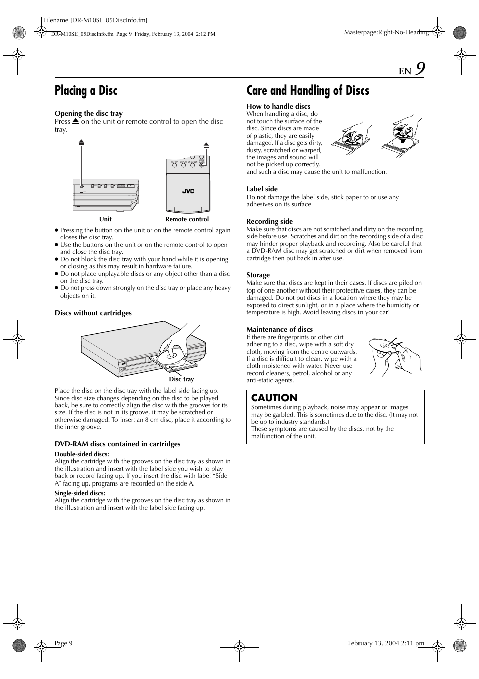 Placing a disc, Care and handling of discs, Caution | JVC DR-M10S User Manual | Page 9 / 116