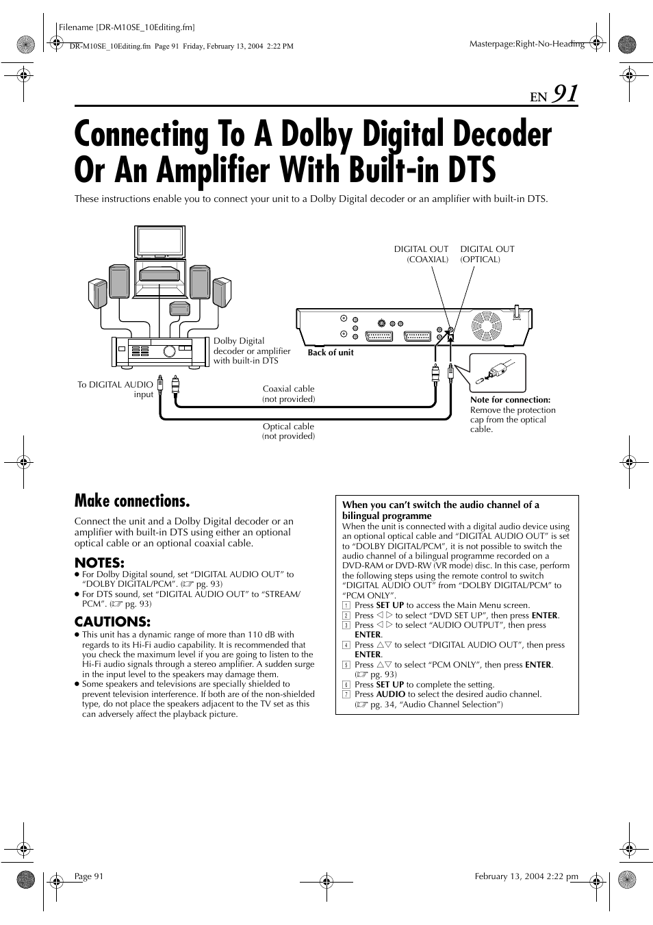 Make connections, Connecting to a dolby digital decoder or an, Amplifier with built-in dts | Disc, Pg. 91) in this, Cautions | JVC DR-M10S User Manual | Page 91 / 116