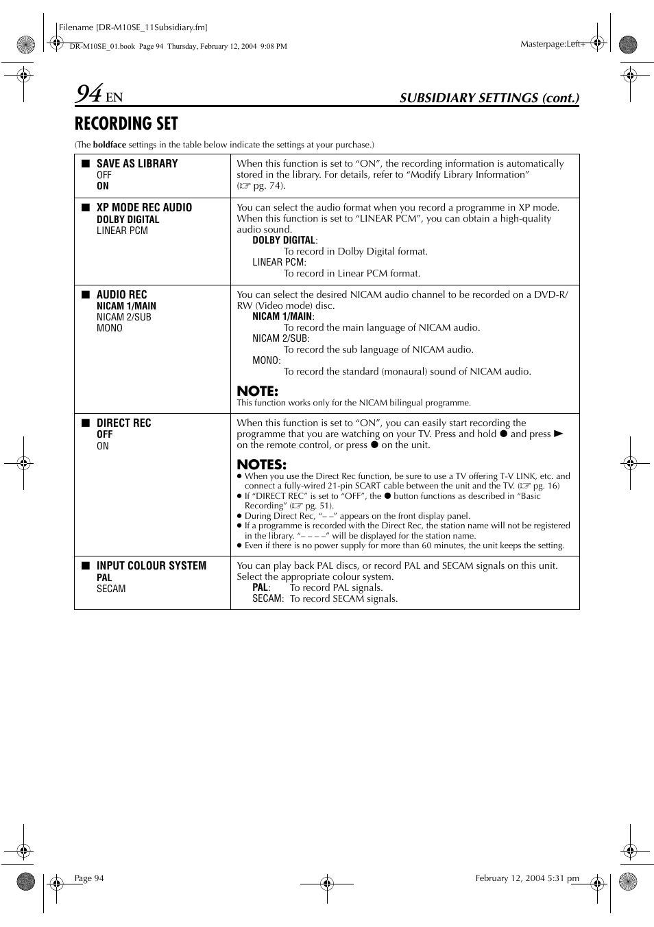 Recording set, Pg. 94) for reco, Pg. 94) | Audio rec, In function set up menu, Subsidiary settings (cont.) | JVC DR-M10S User Manual | Page 94 / 116