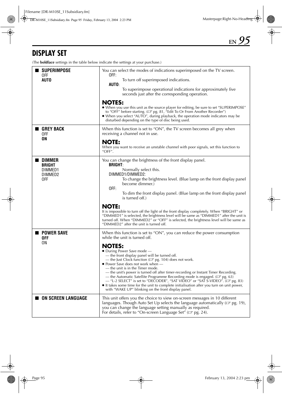 Display set, Hosen, Pg. 95) | Pg. 95, “power save”) is disen, Starting, Pg. 95), it is not | JVC DR-M10S User Manual | Page 95 / 116