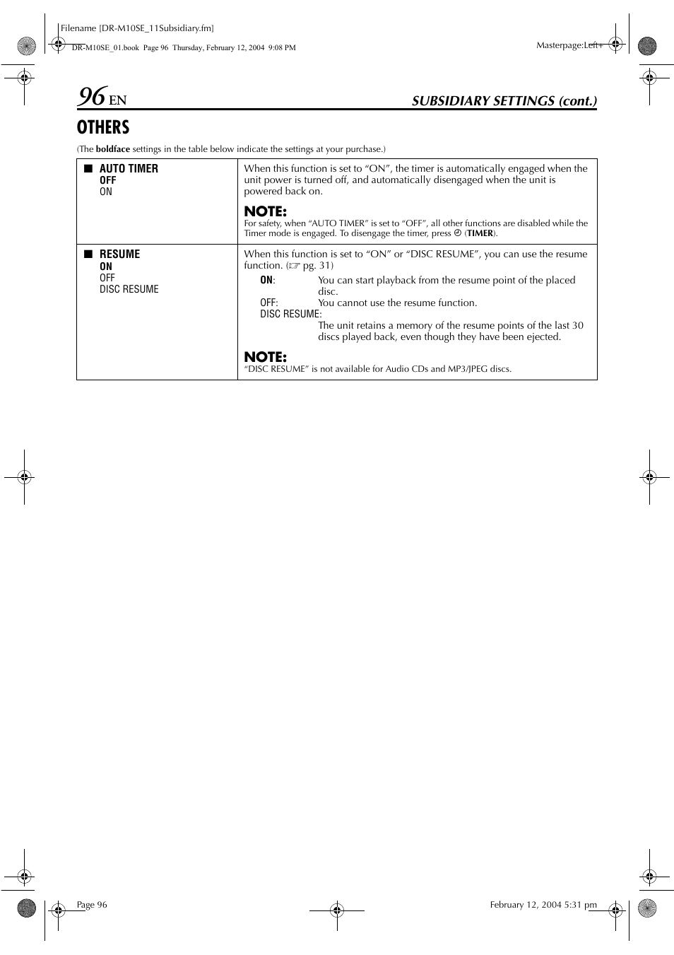 Others, Pg. 96), Subsidiary settings (cont.) | JVC DR-M10S User Manual | Page 96 / 116