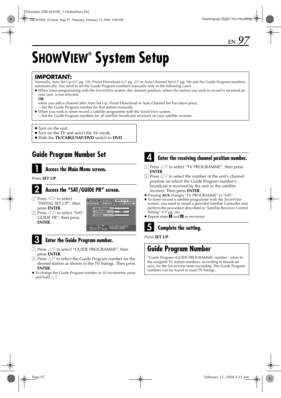 Showview® system setup, Guide program number set, Guide program number | Pg. 97, System setup | JVC DR-M10S User Manual | Page 97 / 116