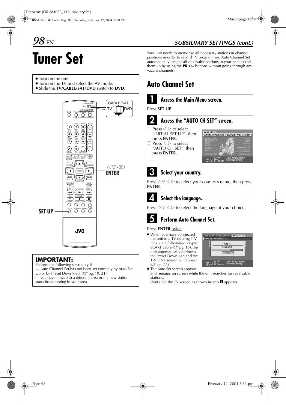 Tuner set, Auto channel set, Ting | Pg. 98), Tuner setting, Pg. 98, “tuner set”), To channel set, Pg. 98) sets the guide, Subsidiary settings (cont.), Access the main menu screen | JVC DR-M10S User Manual | Page 98 / 116