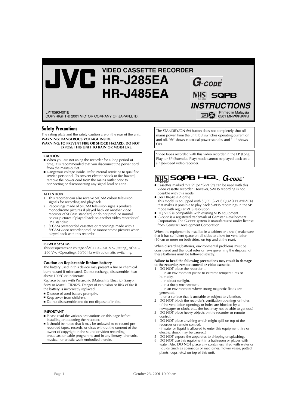 JVC HR-J285EA User Manual | 16 pages