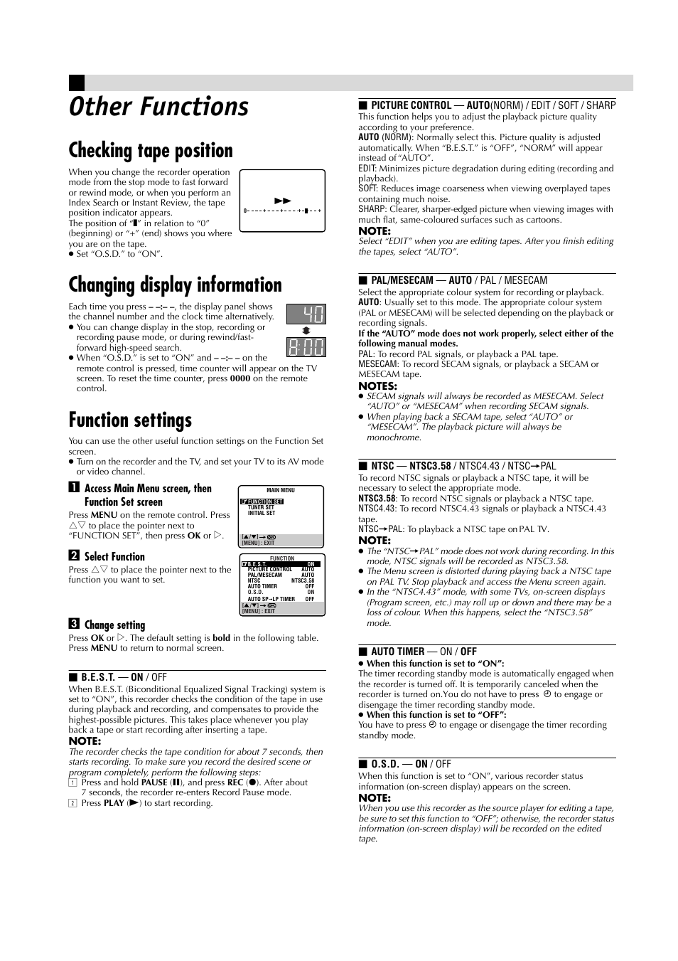 Other functions, Checking tape position, Changing display information | Function settings | JVC HR-J285EA User Manual | Page 10 / 16