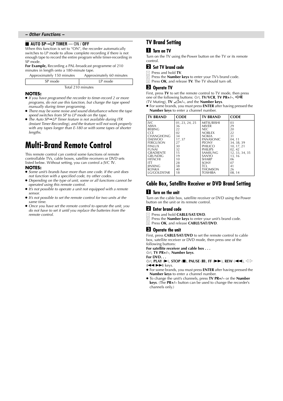 Multi-brand remote control, Tv brand setting a | JVC HR-J285EA User Manual | Page 11 / 16