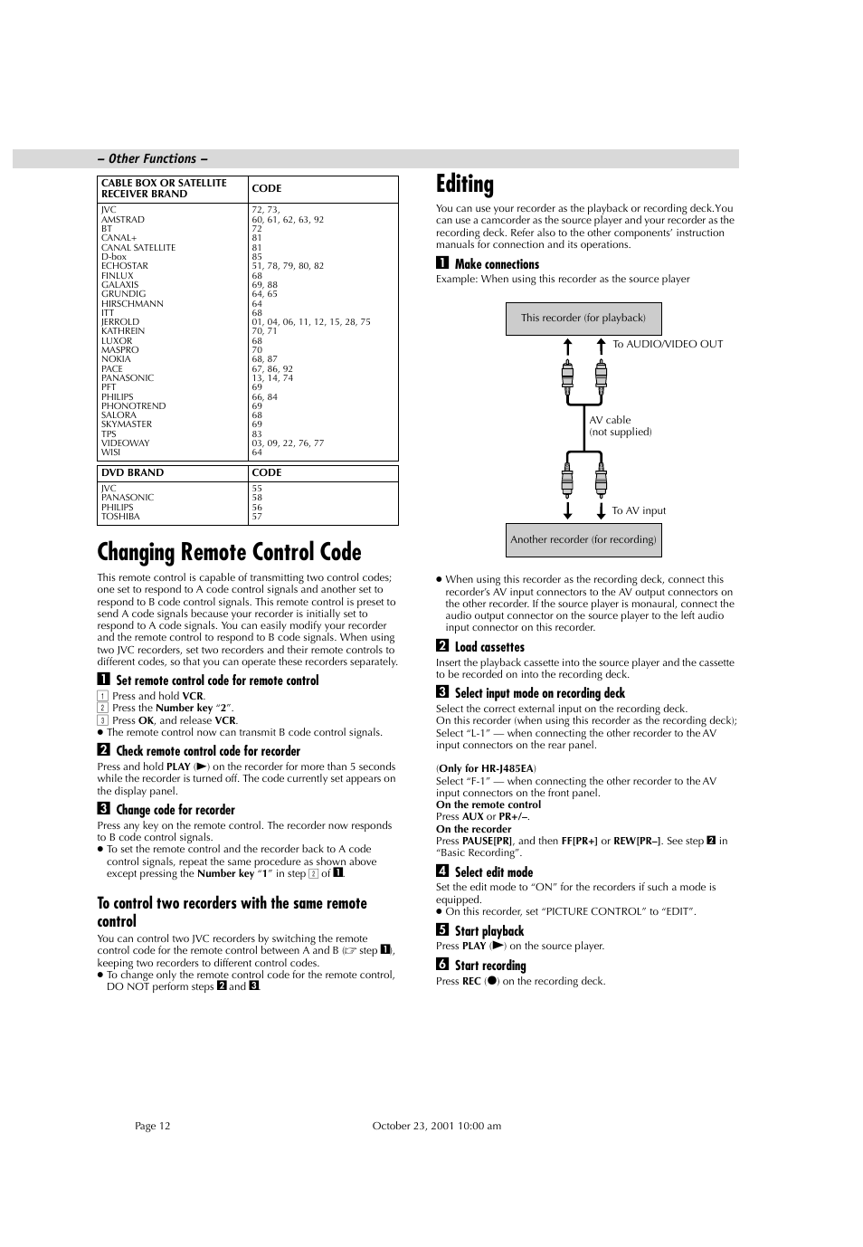 Changing remote control code, Editing | JVC HR-J285EA User Manual | Page 12 / 16