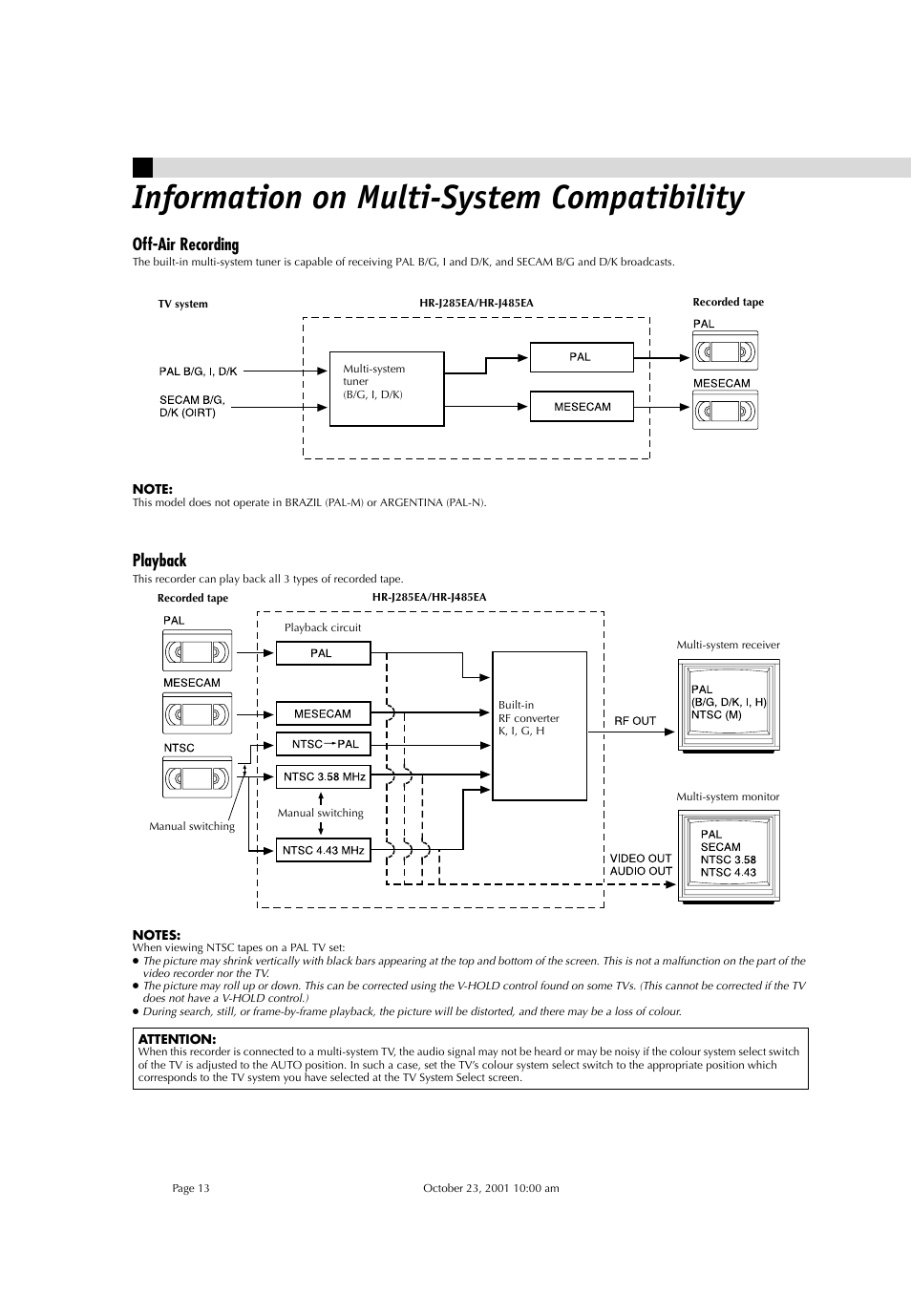 Information on multi-system compatibility, Off-air recording, Playback | JVC HR-J285EA User Manual | Page 13 / 16