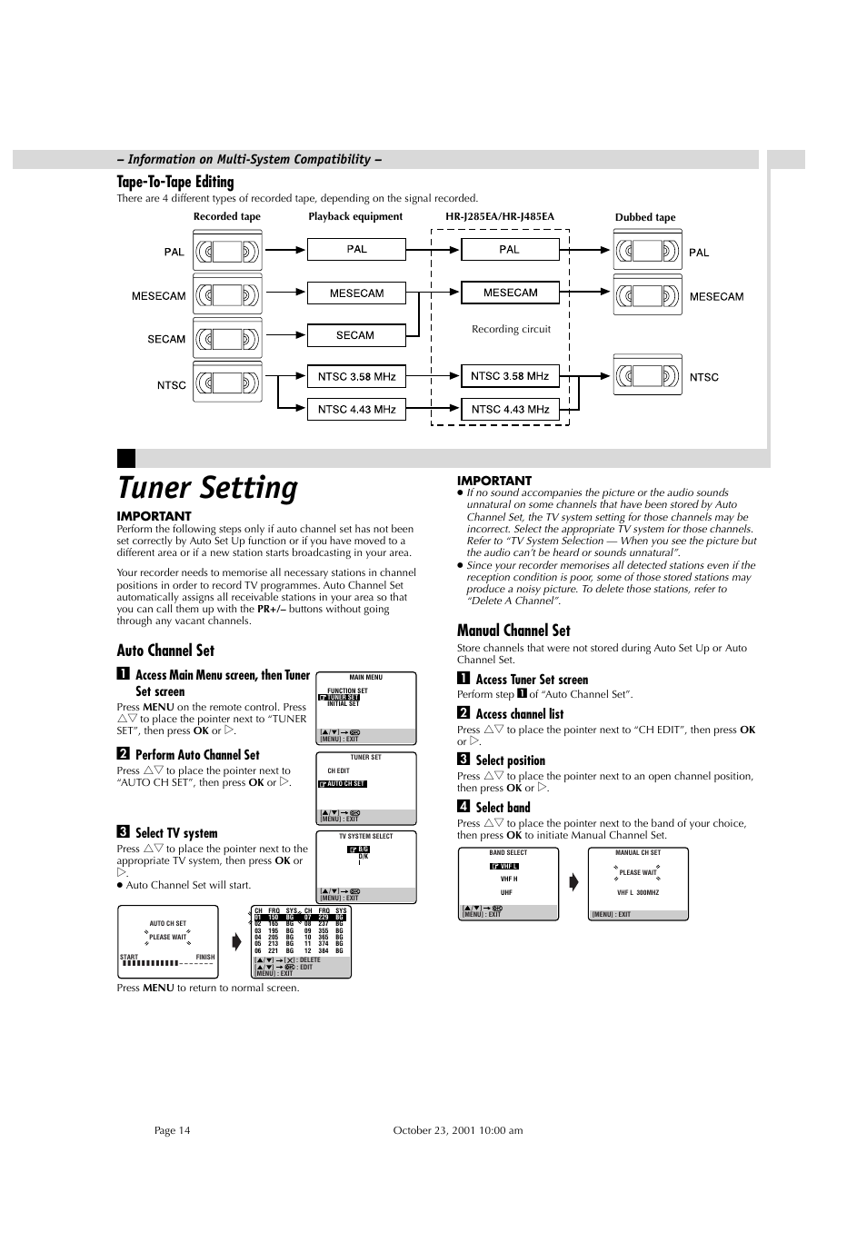 Tuner setting, Tape-to-tape editing, Auto channel set a | Manual channel set, Access main menu screen, then tuner set screen, Perform auto channel set, Select tv system, Access tuner set screen, Access channel list, Select position | JVC HR-J285EA User Manual | Page 14 / 16