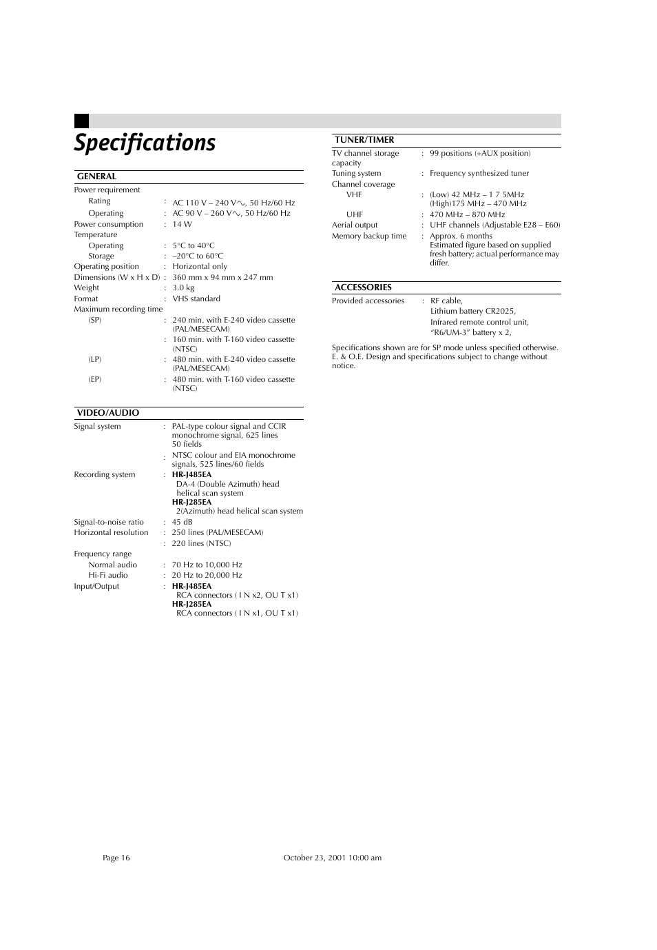 Specifications | JVC HR-J285EA User Manual | Page 16 / 16