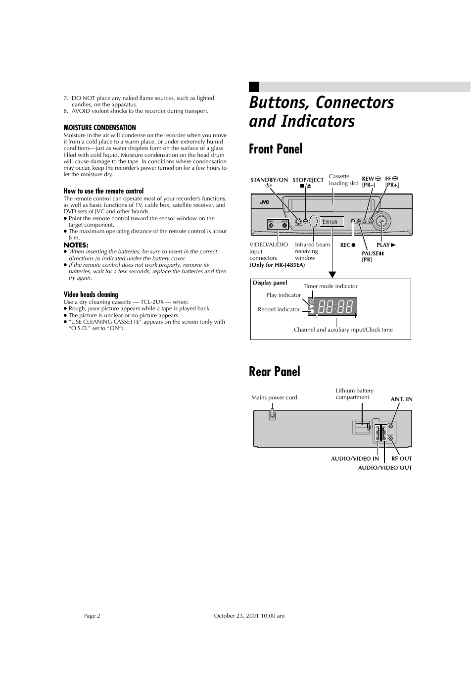 Buttons, connectors and indicators, Front panel rear panel | JVC HR-J285EA User Manual | Page 2 / 16