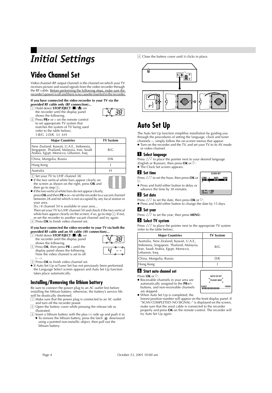 Initial settings, Video channel set, Auto set up | Installing/removing the lithium battery | JVC HR-J285EA User Manual | Page 4 / 16