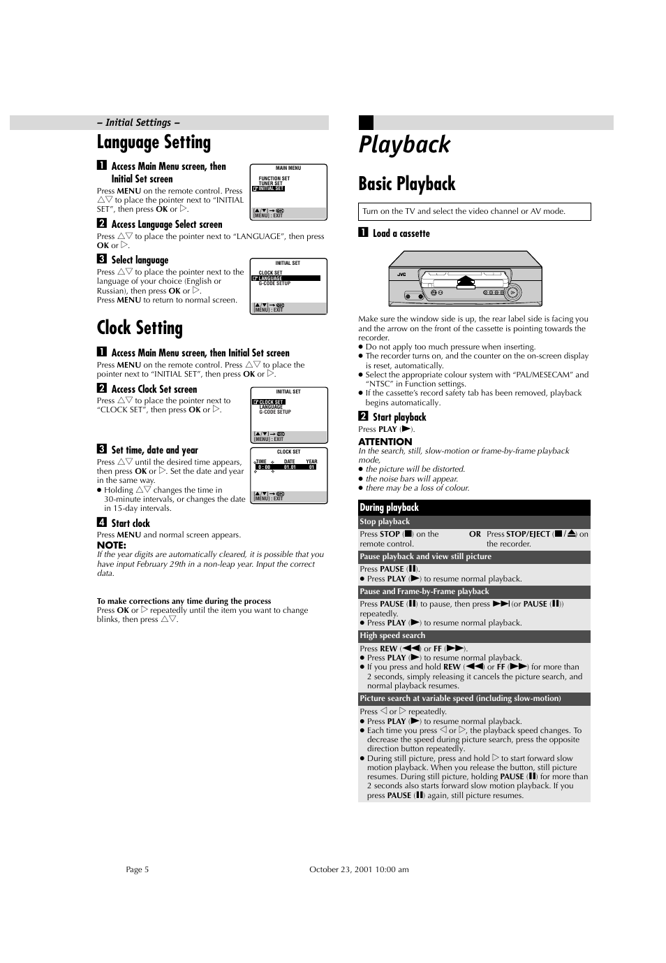 Playback, Language setting, Clock setting | Basic playback | JVC HR-J285EA User Manual | Page 5 / 16